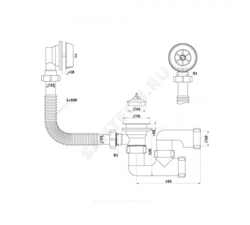 Слив-перелив для ванны регулируемый с пробкой 1 1/2"x40 выпуск с пластиковой решёткой D=70мм Варяг АНИ Пласт C6250