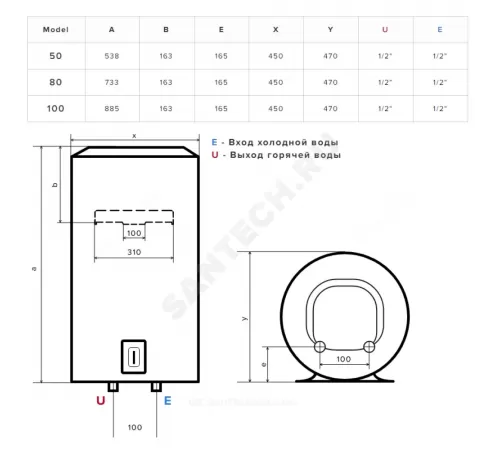 Водонагреватель электрический накопительный 50 л 1,5/2,5 кВт LYDOS ECO ABS PW 50 V Ariston 3201974