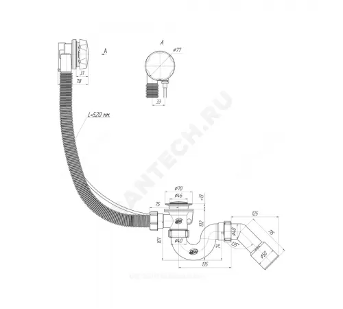 Слив-перелив для ванны трубный полуавтоматический (тросик) 1 1/2"x40 с переходной трубкой 45гр 40/50 слив клапан, пробка D=46мм АНИ Пласт EM311