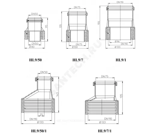 Переход PP-H Дн 75х100 б/нап ПП,НПВХ-чугун(сталь) HL 9/7/1