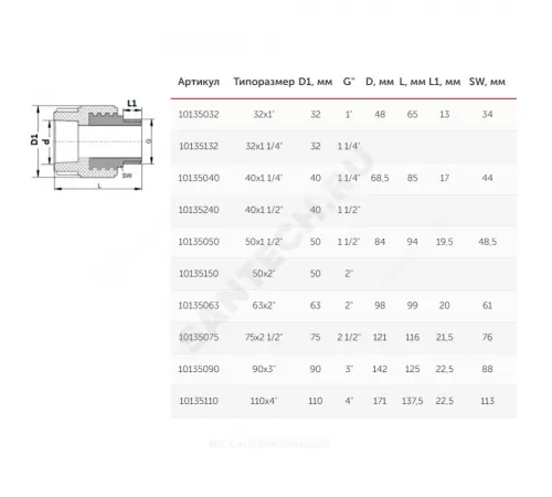 Муфта PP-R комбинированная под ключ серая Дн 40х1 1/4" НР VALFEX 10135040Г