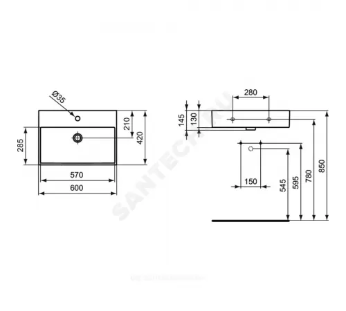 Умывальник подвесной STRADA 60 1 отверстие под смеситель по центру белый Ideal Standard K077801