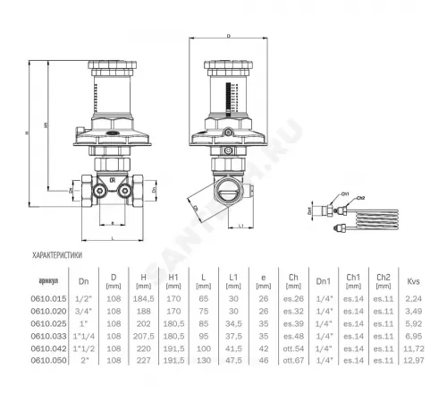 Клапан балансировочный автомат латунь Ду 40 G1 1/2" Ру16 Тмакс=110 оС ВР 5-30 кПа Kvs=11.72м3/ч без ниппелей OR 0610.042