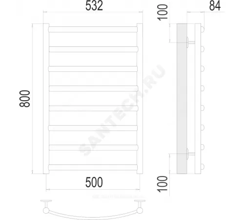 Полотенцесушитель водяной нерж сталь Лесенка (1/2") ВР 500х800мм 8П нижнее подключение Атланта+ Терминус 4670078529992