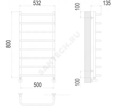 Полотенцесушитель водяной нерж сталь Лесенка (1/2") ВР 500х800мм 8П нижнее подключение Стандарт Терминус 4670078530370