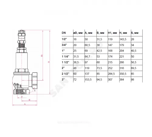 Клапан предохранительный угловой латунь никель Ду 50х50 Ру16 ВР G2"хG2" Рср=3бар Рн=1...16бар 180С Benarmo