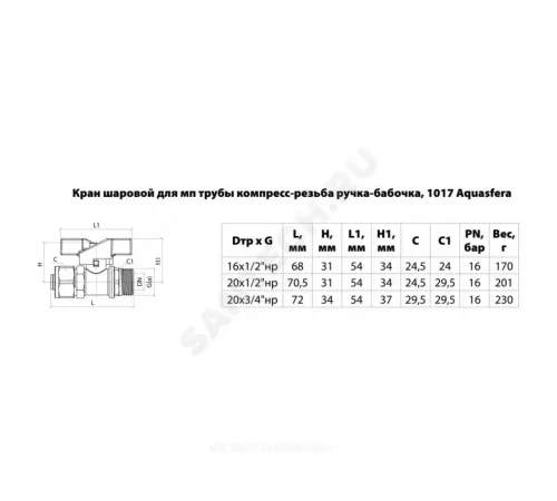 Кран шаровой латунь никель 1017 Euro Дн 20х1/2" Ру16 НР/обжим бабочка красная Aquasfera 1017-02 .
