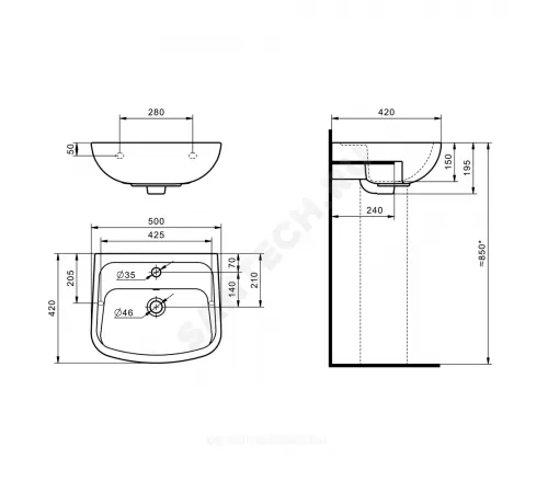 Умывальник подвесной Лонги 45 1 отверстие под смеситель по центру Santek 1.WH50.1.753