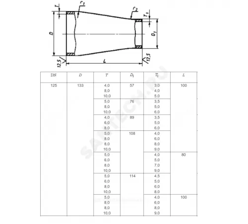 Переход сталь концентрический Дн 108х4,0-57х3,0 (Ду 100х50) бесшовный ГОСТ 17378-2001