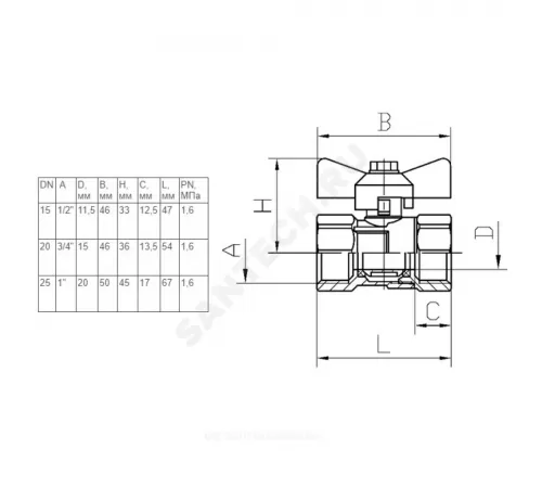 Кран шаровой латунь ПРАКТИК 130 Ду 20 Ру16 ВР бабочка красная аналог 11б27п1 ГАЛЛОП 103254