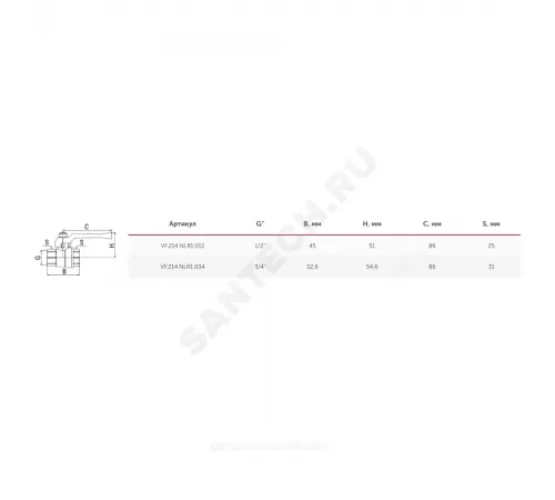 Кран шаровой латунь никель 11Б27фт1М OPTIMA Ду 15 Ру25 ВР полнопроходной рычаг красный VALFEX VF.214.NLR1.012