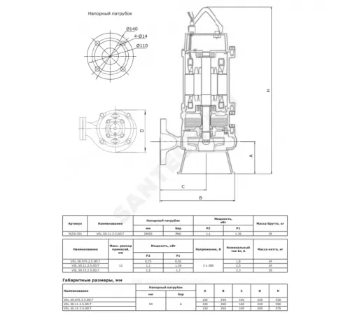 Насос дренажный VSL.50.11.2.5.0D.T 3х380-415В/50 Гц для высокотемпературных стоков Vandjord 76321701