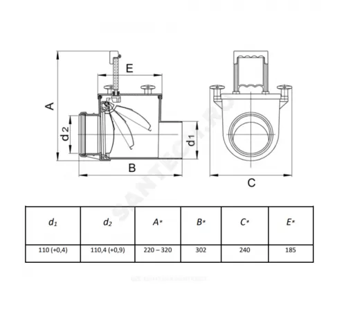 Клапан PP-H обратный канализационный серый Дн 110 б/нап в/к RTP (РосТурПласт) 11339