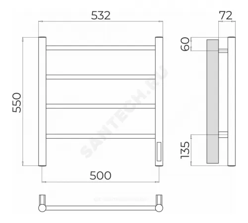 Полотенцесушитель электрический нерж сталь Лесенка 113 Вт 500х550мм 4П со встроенным диммером справа Аврора Терминус 4670078544391