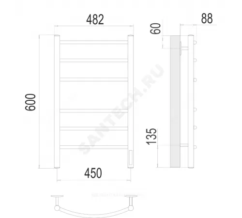 Полотенцесушитель электрический сталь Лесенка 118 Вт 450х600мм 6П со встроенным диммером справа черный муар Классик Терминус 4670078542984