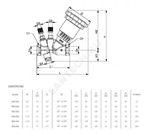 Клапан балансировочный ручной латунь Ду 15 G1/2" Ру25 Тмакс=110 оС ВР Kvs=2.5м3/ч с измерительными ниппелями OR 0621.015
