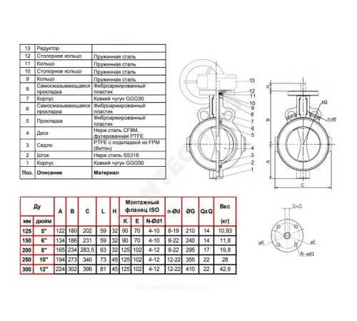 Затвор дисковый поворотный чугун VP4449R-08PTFE Ду 300 Ру10 межфл с редуктором диск нерж манжета PTFE Tecofi VP4449R-08PTFE0300