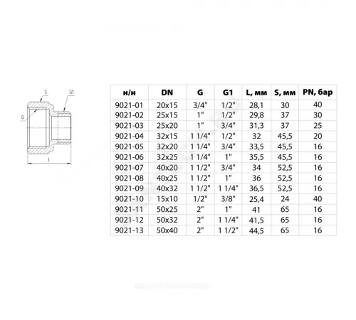 Переход латунь никель реборда Ду 25х15 (1"х1/2") ВР/НР 9021 ГОСТ 32585-2013 Aquasfera 9021-02