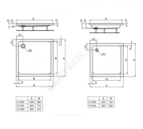 Поддон душевой акрил квадрат HOTLINE 800х800х70 Ideal Standard K276601
