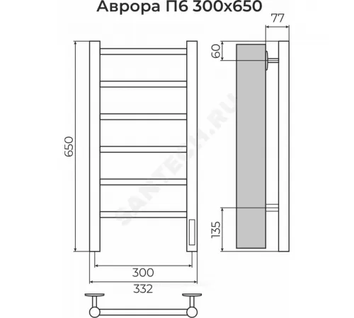 Полотенцесушитель электрический нерж сталь Лесенка 132 Вт 300х650мм 6П со встроенным диммером справа Аврора Терминус 4670078541826