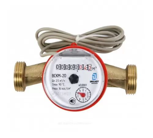 Счётчик г/в и х/в крыльчатый одноструйный Ду 20 Ру16 Qn=2,5 м3/ч 90С L=130мм резьба импульсный В/К IP67 ВСКМ-20 ДГ2 Декаст 72-20-245