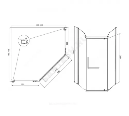 Ограждение душевое Arena Pentagon 1000х1000х2000 мм без поддона пятиугольная прозрачное стекло Мирсант УТ000058035