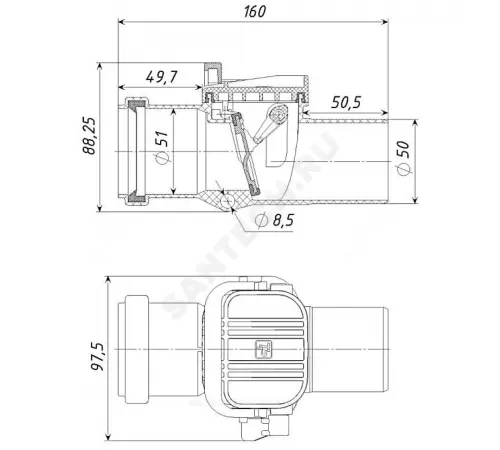 Клапан PP-H обратный канализационный серый Дн 50 б/нап Татполимер ТП-86.50